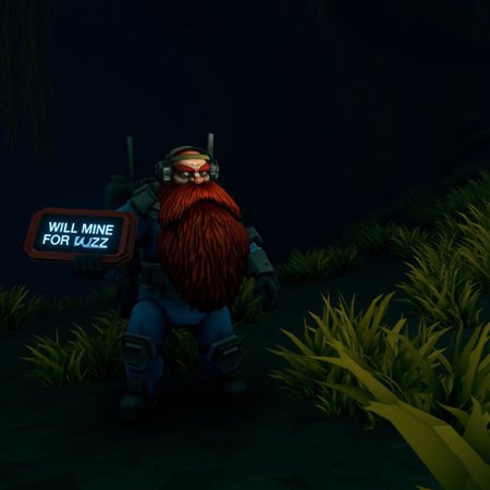 cinematic photo of dr_scout, with huge red beard, wearing communication headset, wearing blue uniform, holding a sign that reads will mine for buzz, in a dark cave with strange bio-luminescent plants 
 <lora:DeepRock-v3-000014:0.9> deeprock