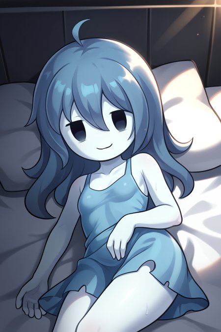 score_9, score_8_up, nsfw, score_7_up, <lora:Spooky:0.9>  spooky (sjm), ghost girl, solid oval eyes, smile, transparent, colored skin, long blue hair, small breasts, blue dress, solo, sunrise lighting, hot summer day, sweaty, laying on side, sexy, horny eyes, looking at viewer,, bedroom, bed, dim,,