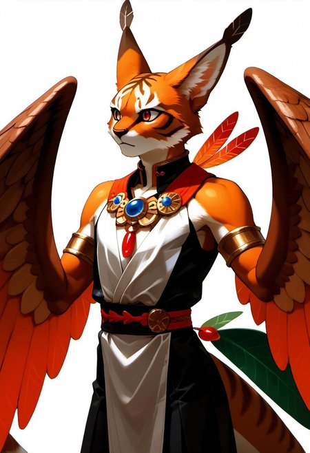 MVC2style
1person, Palagiri, anthro, feline features, feline nose, ((wings)), ((armless)), large perfect wings, 
3/4 view, perfect wings, ((feathers-tipped tail, fanned tail-tip, tapering-tip tail)), simple background, white background, upper body,
Source: anime, score: 9, score: 8up,