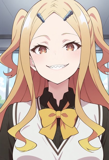 masterpiece, best quality, amazing quality, 1girl, solo, BREAK
ikarno,blonde hair,long hair, two side up, hair ornament, brown eyes,shark teeth,school uniform, black shirt,yellow bowtie,
BREAK ,multicolored background, upper body,portrait, smile