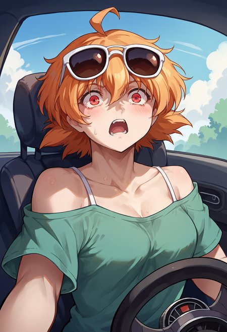 score_9, score_8_up,score_7_up, source_anime, rating_safe, 1girl, solo, <lora:EPhsSeras:1>,
orange hair, short hair, red eyes, hair between eyes,
SerVic, eyewear on head, sunglasses, 
 !, !!, ahoge, blush, green shirt, driving, looking at viewer, motion blur, open mouth, shirt, short sleeves, spaghetti strap, steering, steering wheel, surprised, sweat, upper body, screaming, panicking, wide-eyed