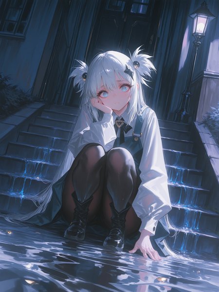 masterpiece, best quality, amazing quality, very aesthetic, absurdres, newest, dynamic angle, A melancholic young girl sits alone on the steps of a worn-down entrance, by rella, bathed in the soft glow of a lone streetlamp on a rainy evening.very sad, she has long and smooth eyelashes,The droplets of water glisten like tiny diamonds on her hair and clothes, as she gazes out into the darkness, lost in thought. <lora:ponyv4_noob1_2_adamW-000017:0.7000000000000001> <lora:USNR_STYLE_XL_lokr:1>