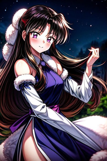 masterpiece,  best quality 1girl Setsun4 solo long hair,  (night time) forest background black hair very long hair purple eyes multicolored hair armor (fur trim) (medium body),<lora:EMS-179-EMS:0.800000>,<lora:EMS-293862-EMS:0.800000> bow, hair_bow, hair_tubes, red_bow, brown_hair, long_hair, bangs, sidelocks, ascot, brown_eyes, frilled_bow, yellow_ascot, blush, smile, hair_between_eyes