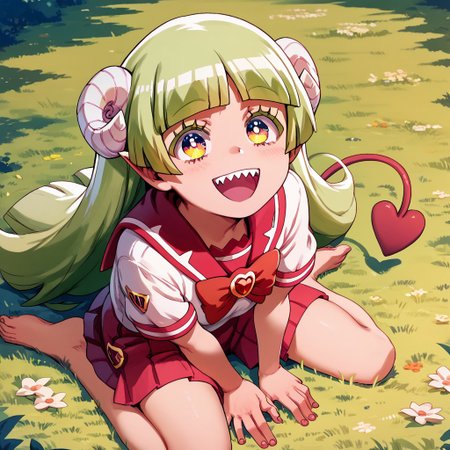 score_9, score_8_up, score_7_up, score_6_up, score_5_up, score_4_up, Cl_araV, School uniform, Sharp teeth, Horns, heart tail, happy, green hair, sitting on the ground, barefoot, looking up at viewer