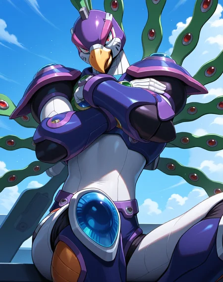 <lora:Cyber_Peacock_(Mega_Man_X)_(Illustrious)_(AD):1> Cyber Peacock, reploid, MMX, 
exterior, blue sky with clouds,
male focus, intense shadows, dynamic shadows, intricate details, attention to details, gradient coloring, bright vivid colors, robot, beak, sexy smile, half closed eyes, one leg in front of the other, seductive pose, crossing legs, 
BREAK very awa, masterpiece, best quality, amazing quality, very aesthetic, highres, absurdres, 
EZRealPONYXL, zPDXL, Smooth Quality, lazynsfw,
