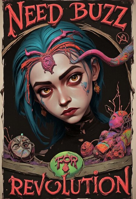 A byzantine style anarchist propaganda poster saying "need buzz" at the top and "for revolution" at the lower part of the image. The poster shows a pale jinx person with geometrical face paint and special neon hair.  bo-abyss w3p0rtra1t