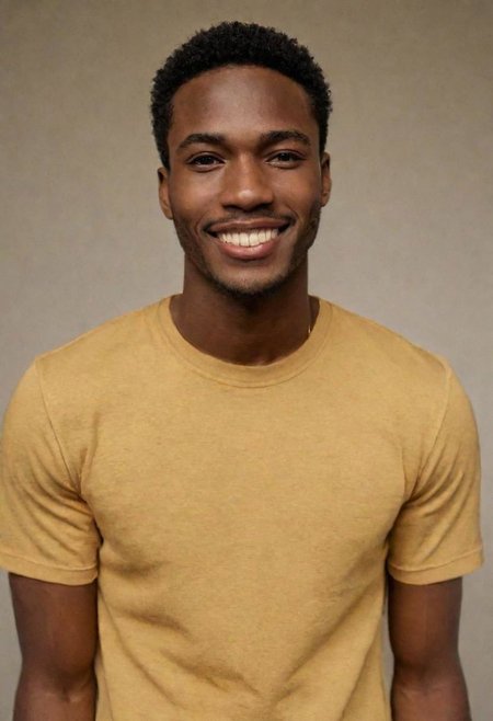 Create a detailed, ultra-realistic photo portrait of a smiling 25-year-old African man (gold shirt, high-waisted dress), 24mm, (analog, film, Film Grain: 1.3), (prison: 1.1), detailed eyes (seductive pose ), (epic photo), upper body (looking at viewer), (perfect lips),