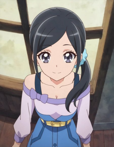 score_9, score_8_up, score_7_up, anime screencap, solo,1girl,sawaizumichiyu,smile, hair ornament, skirt, blue scrunchie, hair scrunchie,shirt, scrunchie, blue skirt, collarbone, yellow belt,off shoulder, long skirt, purple shirt, long sleeves, closed mouth, off-shoulder shirt, looking at viewer, cowboy shot,medium breasts,from above,cleavage<lora:sawaizumichiyu:0.8>