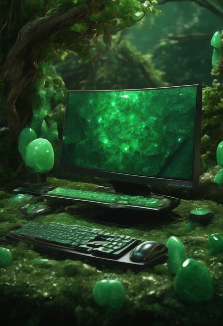 High quality, detailed, desktop computer made of jade, enchanted forest background, detailed background, object focus, cinematic lighting, jade