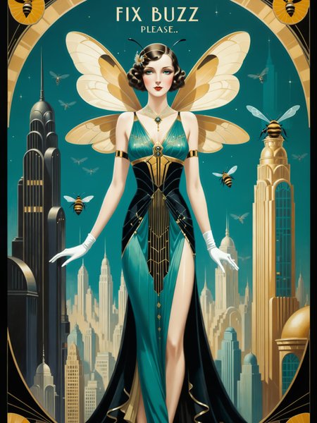 oil on canvas, 1920s art deco poster, (text:"FIX BUZZ, PLEASE":1.1), famous artwork inspired (erte:1.1) and (metropolis:1.1), a stunningly beautiful woman in a luxurious honey bee-themed gown with a retrofuturistic cityscape in the background, (teal:1.3), (black:1.2), (gold:1.2), (beige:1.1), bee wings, fairy wings, <lora:add-detail-xl:1.4> <lora:more_artful-xl:0.6> <lora:art_deco_posters-xl-by_wolfsystems:0.6>
