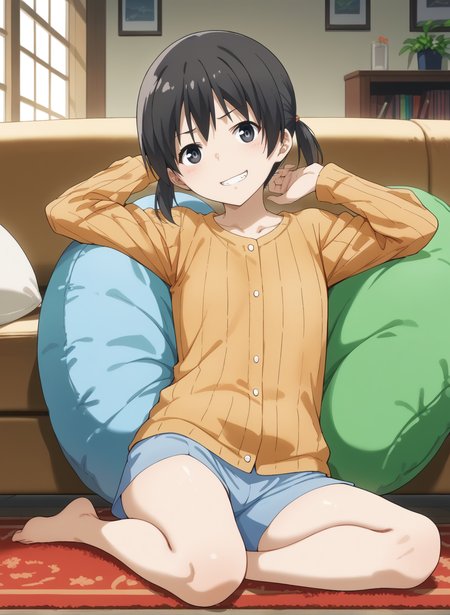 (score_9,score_8_up,score_7_up,source_anime,anime,nsfw,rating_explicit,uncensored),(High quality, Ultra detailed, best quality, insanely detailed, beautiful, masterpiece,perfect lighting) BREAK
<lora:kuramoto_chinatsu_V1:1>,(kuramoto_chinatsu, black eyes, black hair, long hair, short twintails, blue shorts, orange shirt,  barefoot),1girl,solo,smirk,sitting,indoors,couch,cushion,carpet,front view,,looking_at_viewer,