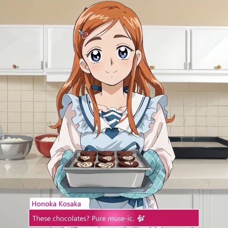 score_9, score_8_up, score_7_up, source_anime, anime screencap, baking valentines cookies, looking at viewer, blush, smile, gloves, holding, frills, food, indoors, apron, chocolate, cookie, oven mitts,  
vintage-inspired kitchen, heart-shaped cookie cutters, festive themed mixing bowl, cinnamon and vanilla scent, delicate sugar decorations, cute baking apron with lace, softly glowing fairy lights,  
warm wooden countertops, cookie dough rolled out, pink and white striped napkins, intricate chocolate drizzle, whipped cream piping bag, neatly arranged cookie tin, soft golden hue from oven light,  
glass jar filled with heart candies, cozy homemade atmosphere, festive oven mitts with tiny hearts, gentle flour dusting over counter, pastel pink ceramic plates, love notes written on recipe pages, Honoka Kosaka, Orange hair, Shoulder-length hair, Side ponytail with orange ribbon, Amber eyes, Fair skin, Energetic appearance, School uniform attire, Orange-themed accessories, Slightly messy hairstyle, Noticeable ahoge, honoka