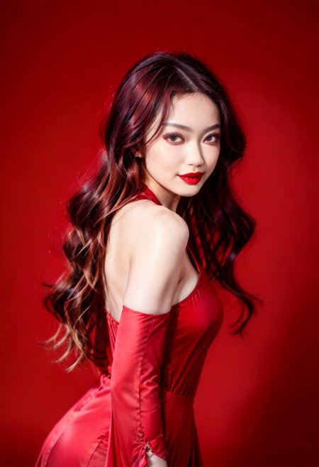 ((Kebaya:1.2), long sleeve, low cut, v neck), (JDMAI_ARMPIT_SHOW:1.5), (showing both armpits:1.5), pureerosface_v1, (dynamic lightning:1.2), 4k, HD, Hi res, cinematic masterpiece, photographic masterpiece, XXX, (simple red background:1.5), (blurry background:1.2), (sharp focus on object:1.2), (1girl, 24 years old, goddess, beautiful, supermodel, Instagram model, wavy hair, natural make-up, red lips), clean shaven armpits, waxed armpits, 40GG cups breast size, natural breasts shape, light muscle tone, fit body, six-pack abs, soft skin, unblemished skin, pale white skin tone, standing, contrapposto pose, leaning slightly forward, bowing slightly forward, back slightly arching, seductive facial expression, smiling, looking at viewer, posing for a photo,