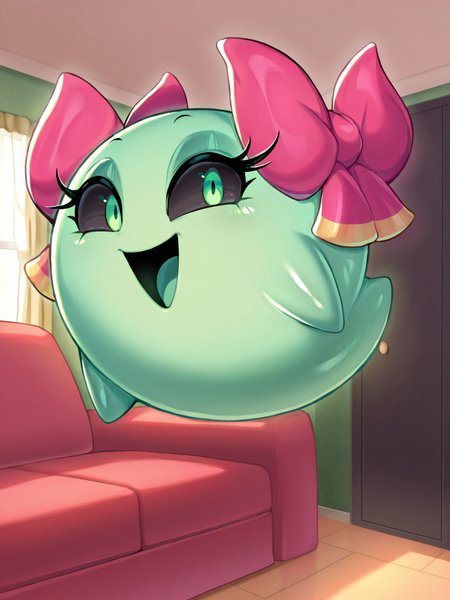 (admiration, smile, open mouth, awestruck, floating, no humans, full body, solo,), <lora:Boo:0.9>, lady bow, green skin, shiny skin, green eyes, black sclera, long eyelashes,  looking at viewer, living room,
masterpiece, best quality, good quality, newest, very awa, absurdres, highres,  feral,