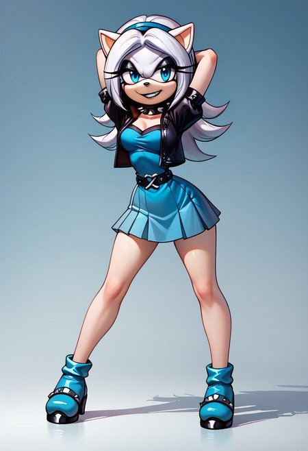 score_9, score_8_up, score_7_up, score_6_up, g0thicPXL, 1girl, 1girl, solo, goth girl, maria_robotnik, sonic_(series), hedgehog_girl, eyeliner, eyeshadow, blue eyes, long pale white hair, blue_hairband, black lips, seductive smile, pretty face, spiked collar, white_gloves, blue_dress, medium skirt, shoes, blue_footwear, sexy pose, smile, grin, cute, sexy pose, lewd expression, wide hips, medium breasts, standing, back, arms behind her head, posing, goth