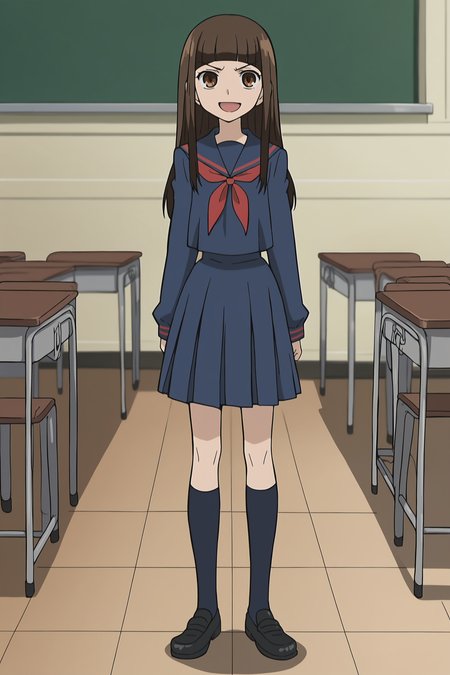 score_9, score_8_up, score_7_up, source_anime, anime screenshot,
in a classroom,
<lora:Haruhi_Fujioka_r1:.8>1girl, solo, brown hair, brown eyes, Haruhi blue and red school uniform with long hair outfit, long hair, school uniform, serafuku, blunt bangs, pleated skirt, kneehighs, black shoes, full body shot,
girl directly facing the viewer, girl looking at the viewer, devious smile, mouth open, grinning girl, amused face,
<lora:Pony_DetailV2.0:3>