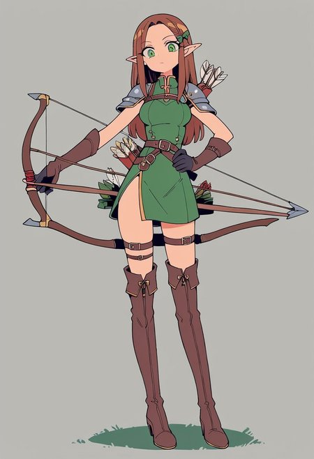 score_9, score_8_up, score_7_up, score_6_up, score_5_up,  <lora:k4n3k0y4XLP:0.8> k4n3k0y4, 1girl, weapon, solo, bow \(weapon\), armor, quiver, thigh boots, full body, thighhighs, holding, boots, gloves, elf, long hair, hand on own hip, standing, holding weapon, arrow \(projectile\), breasts, brown hair, shoulder armor, pointy ears, green dress, thigh strap, green eyes, sheath, belt, dress, holding bow \(weapon\), hair ornament, signature, pauldrons, looking at viewer, black gloves, grey background, sheathed