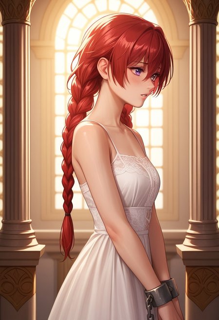 score_9, score_8_up, score_7_up, score_6_up, score_5_up, score_4_up, <lora:Urushihara Satoshi_XL_PONY_V2:0.9>, masterpiece, volumetric lighting, vibrant colors, source_anime, perfectly detailed face and body and eye, 1girl, solo, red hair tied to long twin braids, very long sidelocks, bangs, hair between eyes, very long sidelocks, violet eyes, shy, parted lips, high resolution, adult, white dress, lace, lace trim, sleeveless, collarbone, thighs, thick iron shackles on both hands, chains connected to both shackles, bound wrists, chained wrists, hands bound together in front, detailed background, palace hallways, pillars, sunset, from slightly side view, <lora:add-detail-xl:0.4>, cinematic, (fantasy-style), (shoujo-style), manhwa-artstyle