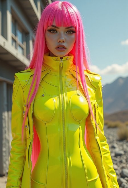 The image is a high-resolution, highly detailed CGI rendering featuring a young woman with a striking, futuristic aesthetic. She has long, vibrant pink hair with straight bangs and is dressed in a neon yellow jumpsuit that contrasts sharply with her hair and the surrounding environment. Her outfit is sleek and form-fitting, accentuating her slender figure. She wears a high-collared, intricate, high-tech-looking jacket with a geometric pattern, adding to the futuristic theme.