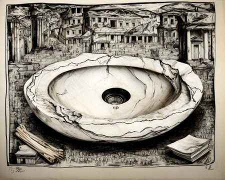 white marble basin with water by ParchArt, marble basin etched intricately with pictograms telling ancient histories