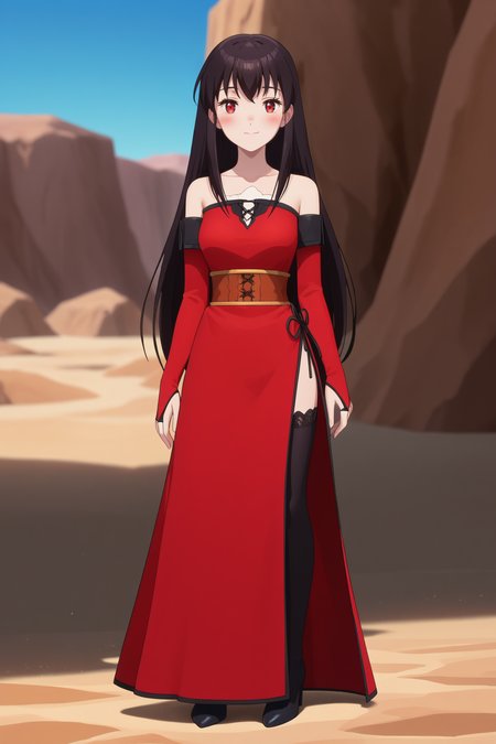 <lora:celeste_izo:1>
score_9, score_8_up, score_7_up, 1girl, solo,
celeste, long hair, black hair, red eyes
medium breasts, red dress, detached sleeves, bridal gauntlets, long dress, bare shoulders, collarbone, black thighhighs, side slit, high heels,
closed mouth, smile,
blush, looking at viewer, standing, full body,
outdoors, desert, blue sky, blurry background,