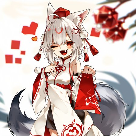 1girl,ahoge, animal ears, bare shoulders, breasts, detached sleeves, fang, hat, heart, looking at viewer, medium breasts, one eye closed, pom pom (clothes), red eyes, short hair, solo, tail, tokin hat, white hair, wolf ears, wolf tail