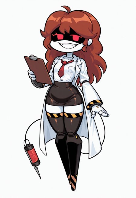 score_9, score_8_up, score_7_up, score_6_up, high quality, absurdres, masterpiece, 4K,
BREAK,
GirlfriendFNF, SD-V, robot girl, humanoid robot, robot joints, 1girl, solo, full body, white skin, four fingers, 4 fingers, yellow details, (earless:1.3), long thick auburn hair, Two short locks of hair, round head, (red eyes:1.3), glowing eyes, virtual led eyes, smile, teeth, fangs, tail, tail syringe, no feet, flat chest, white button-up shirt, red necktie, black skirt, black stockings, white lab coat, (looking at viewer, holding clipboard)