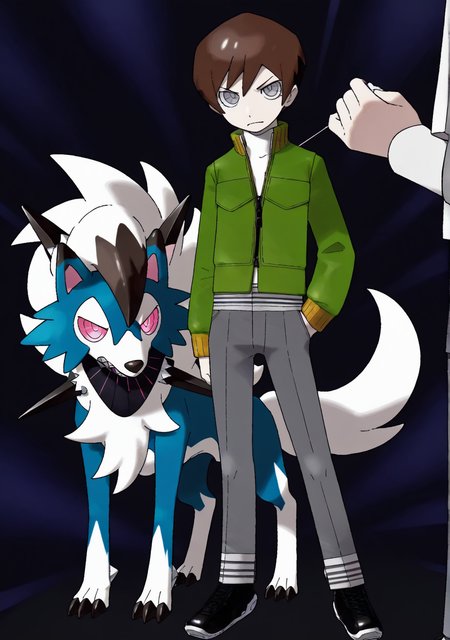 SMTHER1, wrsdm, 1boy, solo, male focus, brown hair, short hair, grey eyes, white turtleneck shirt, green zipped jacket, stripe trimmed pants, grey pants, black shoes, aged up, (1other, blue fur, lycanroc:1.4), abstract background, upper body, close up, (masha, sugimori ken),

masterpiece, best quality, amazing quality