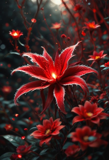 score_9, score_8_up, score_7_up, score_6_up, MyNewFantasy, Macro view, 8k resolution of a Lycoris radiata, red spider lily flower, centered composition. Vibrant glowing petals, intricate details, asymmetrical arrangement. Symmetrical background, rich textures, soft bokeh effects, gentle diffused lighting, ethereal atmosphere.