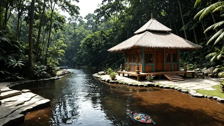 photo, photography, Fujifilm XT3 Viltrox, ((very detailed)), sharp focus, sharp background,  best quality, beautiful landscape, rainforest, jungle, sacred earth, stream, water ripples reflections, (small river pond), rainforest, hut, tribal amazon village, stunning nature environment, (bright sunny sky), high contrast, cinematic (lights), backlight, shadows, lens flare, vibrant colors, colorful, Light Brown flowers and leaves,  <lora:add-detail-xl:1>  <lora:Better Blur Control:1>