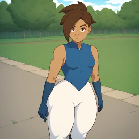 score_9,score_8_up,score_7_up,(masterpiece), best quality, expressive eyes, amazing quality, solo, 1girl, closed mouth, small breasts, boots, white pants,  brown hair, thick thighs, outside, park, gloves