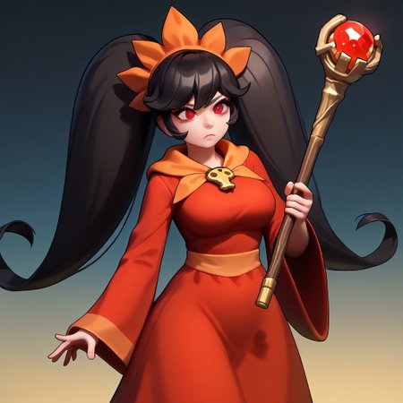 (masterpiece, best quality, pretty face, gloom, obscure background, ominous, anime, staff, cartoony), absurdres, high resolution, highres, highly rated, AddNet Weight 1: 0.6, score_9, (((1girl, unbothered))) ,((ashleywario, unique pose, 1girl, twintails, red eyes, long hair, black hair, dress, orange hairband, red dress, big hair, hairband)), ((fullbody, wide hips, alone, solo, saggy, dynamic, unique, boobs, red eyes, plump, haunted mansion, neutral, fullbody, big breasts, fat, mature))