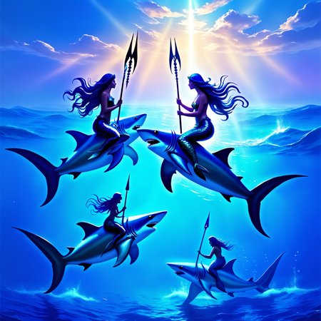 ethereal fantasy concept art of  three mermaids are swimming in the ocean, they are riding sharks, they are holding spears, <lora:epwsdxl:0.8>, elementalplanewater, best quality, masterpiece, 4k, uncensored, prefect lighting, rating_explicit, very aesthetic, detailed, <lora:add_details_xl:0.6>, very detailed, <lora:SDXLHighDetail_v5:0.6> . magnificent, celestial, ethereal, painterly, epic, majestic, magical, fantasy art, cover art, dreamy
