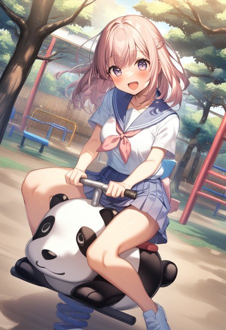 1girl, <lora:sdxl2-flat2-512b:-1>,medium breasts,school uniform,
<lora:springriderXLv1:0.9>,spring rider,panda,sitting, shoes, riding, outdoors, holding,playground,
dutch angle, wide shot, looking back, happy, open mouth,
best quality,medium quality,