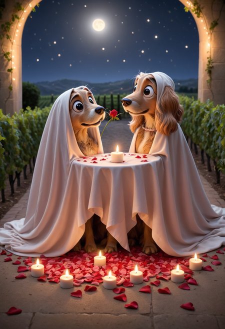 DonM5h3375XL valentines day, romantic, intimate, rose petals, the lady and the tramp, vineyard, tender embraces under the stars, led candles   <lora:DonM5h3375XL:1>
