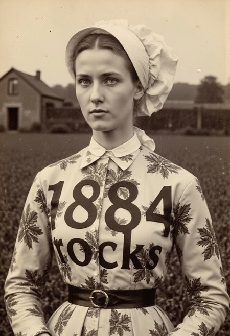 An aged worn sepia monochrome 1800s photograph, 1800's Amish farm background, A breathtaking 1984 fashion full-body photograph portrait,  capturing a 1983 Vogue magazine fashion shoot featuring a beautiful model in 1984, wearing Amish bonnet, clothing by London designers PX, BodyMap, Peter Fox, large, tapestry-like floral print from Crolla with giant cabbage rose prints, modeled after old chintz drapery fabric and needlework, and oversized "message shirt" with large block lettering from Katharine Hamnet, text that says "1884 rocks".