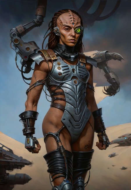  (full body w4rh4mm3r style oil painting) of a 18 year old cybernetic cyborg female kling0n alien, forehead ridges, brown skin, nose ridges, large eyebrows, leather armor, grimdark, dynamic, moody, shadows, highly detailed, cyberpunk, cyborg mechanical arms, military commander