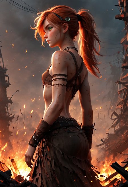 1woman, Masterpiece, 4k, ultra high detail, score_9, score_8_up, score_8, 21yo,  small breast size, long red ponytail hair, fcNeg, stunning green eyes, freckles, white skin, small nose, innocent beauty, slim face,  skinny body, perfect body, supermodel, 
Dirty skin, ready to fight, never giving up, 
Native Tribal clothes, Waterworld_clothes with long skirt_ripped_side, 
Dark sky, burning sky, nighttime, night, burning skyscraper, destoyed skyline, 
Sideview,  Apocalyptic scene, burning skyscraper, burning city, destroyed cars, Collapsing buildings, 
End of the World, 
negative_hand, NightScapes,