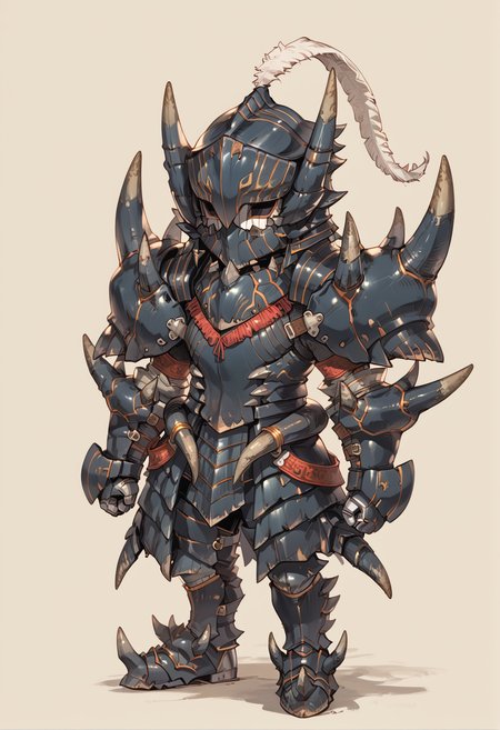 (score_9:0.9),score_8_up,score_7_up,rating_safe,anime style,(zPDXL),<lora:Akantor armor - male ponyXL v1:0.8>, chibi, akantor armor, solo, full armor, full body, black helmet, 1boy, black armor boots, black armor skirt, black gauntlets, black shoulder armor, white feather, covered face