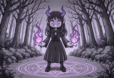lazypos, character focused, child demon girl, jagged purple horns, glowing violet eyes, eerie smile, unsettling grin, long black dress, dripping magical claws, dark misty forest, shadowy tree silhouettes, glowing runes circle, writhing shadow tendrils, grayscale color palette, purple magic accents, gothic horror atmosphere, creepy anime style, low fog ground, cursed forest floor, haunting composition, ominous lighting, supernatural presence, lastostyle