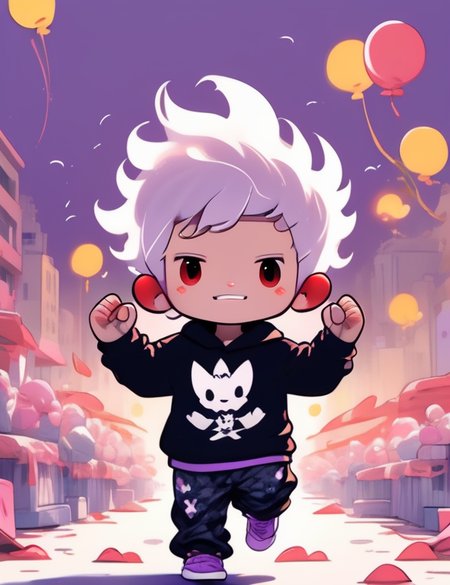 male Legal age Taut, Southeast Asian, Ruby red eyes,  Fleshy Nose,   Dimpled Cheeks,  Square face shape with Round Forehead,  , Platinum Blonde Mid fade hair, Regret, wearing Lavender  Fleur-de-lis  Flannel Joggers,  Muscle T-shirt, , ,  and and, Arms raised in victory or celebration, 8K,  <lora:sdxl_cute_social_comic:0.8> cute comic