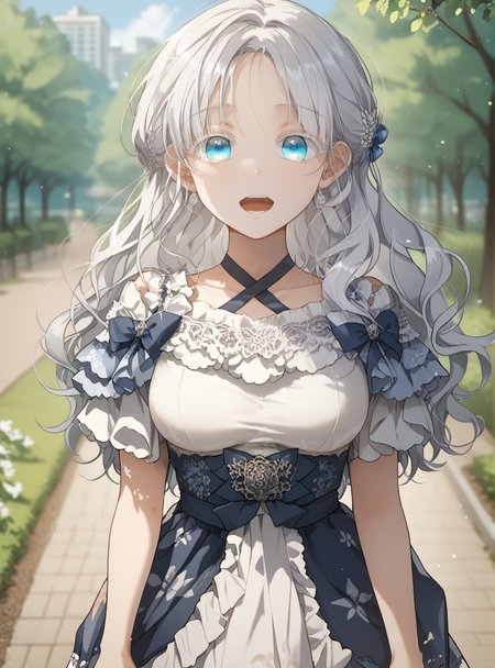 score_9_up, score_8_up, score_7_up, (Anime_source), 1girl,open mouth, in park , looking at viewer, facing viewer, dress, <lora:Aisha_Del_Elmir_-_Into_the_Light_Once_Again:1> aisha del elmir, 1girl, blue eyes, white hair, long hair, medium breasts, white eyeslash, parted bangs, mature,