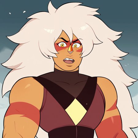 score_9, score_8_up, score_7_up, 1girl, Jasper, orange skin, colored skin, multicolored skin, white hair, big hair, very long hair, gem, yellow eyes, facepaint, muscular, large breasts, narrow waist, wide hips, looking at viewer, highres, high quality, masterpiece, highres, high quality, masterpiece, <lora:Jasper:0.8> <lora:Expressive_H:1> Expressiveh