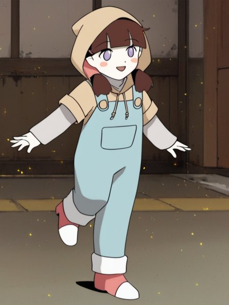 score_9, score_8_up, score_7_up, score_6, source_anime, 1girl, <lora:BigO_PDXLv0a (tami only test):1> tami_\(the_big_o\), pale skin, brown hair, blush stickers, purple eyes, twintails, hairclip, full body, female child, smile, red white footwear, running, blue overalls, hoodie, long sleeves, hood down,