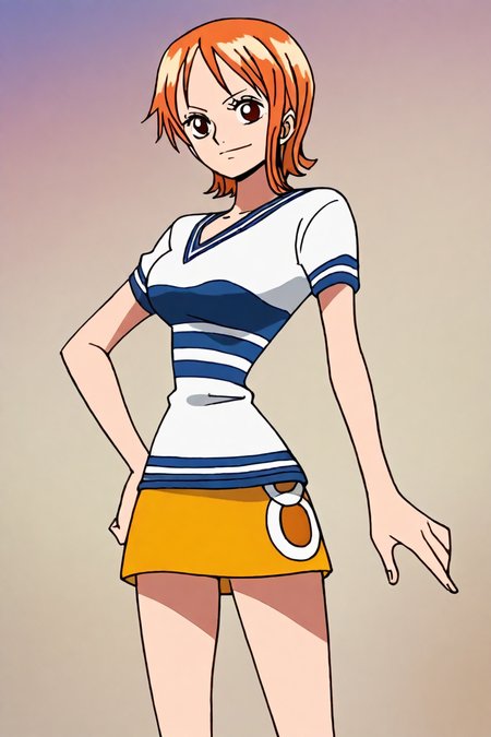 <lora:Nami_pre_timeskip_illustriousXL:1>, nami, orange hair, short hair, brown eyes, white shirt, striped shirt, yellow skirt, 1girl, solo, alone,  masterpiece, highres