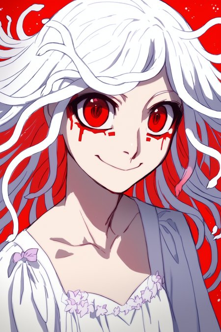 (score_9,score_8_up,score_7_up,),<lora:nadeko-000025:1>,nadeko white,white hair,long hair,red eyes,snake hair,white dress,(portrait:1.1),<lora:f3nn3rXLP:0.8>,f3nn3r,colourful,pink,blue,black,red,trippy,evil smile,