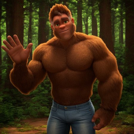 bigfoot, hairy, tall, muscular, bara, green eyes, wearing jeans, in a forest, brown fur, solo, alone, waving to viewer