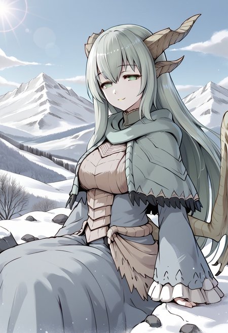 masterpiece,best quality,score_9, score_8_up, score_7_up, score_6_up,source_anime,<lora:PAARTHURNAX:0.9>, PAARTHURNAX,(gentle smile,half closed eyes,looking at viewer),(dragon horns, broken horn, dragon girl, dragon wings, very long hair, green hair, hair between eyes, green eyes,big breasts, 
capelet, dress),(upper body,from below,close to viewer),(sitting on rock),(deep shadows),(clear blue sky without a cloud in the sky,blue sky,clear sky,snow mountain,snow field,lens flare,snow on rock,light blue theme,cool lighting)