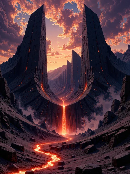 famous artwork, dramatic and epic landscape at night, hyper-realistic, highly aesthetic, ultra-high-resolution, 8k, 4k, dim lighting, symmetry, dark science fantasy with cosmic horror elements, a surreal and alien volcanic landscape at sunset, dominated by two colossal, jagged black spires that rise symmetrically from the earth like obsidian monoliths, flanking a narrow valley that glows with searing molten lava, the foreground is composed of dark volcanic rock, cracked and uneven, reflecting the orange heat of the lava, while distant cliffs and shattered terrain frame the horizon, the sky above is ablaze with swirling purple and burnt orange clouds as the setting sun casts long shadows and bathes the world in warm, dying light, a brilliant stream of lava flows like a waterfall through the center between the spires, its vivid glow cutting through the cooler tones of the rocky terrain, the surrounding rocks shimmer with residual heat, their textures sharp and weathered, no visible characters, the focus is on the vast, awe-inspiring grandeur of the terrain and the alien symmetry of the twin peaks, evoking a sense of ancient ritual or forgotten power, shot from a wide, low-angle perspective to emphasize the monumental scale and dramatic geometry of the spires, the molten flow leads the viewerâs eye into the center of the frame, enhancing the feeling of depth and scale, cinematic directional lighting from the setting sun creates stark contrasts and brilliant lens flares, emphasizing the heat shimmer and the high-detail surface of the volcanic stone, shot on large-format digital with cinematic color grading and shallow depth of field, subtle atmospheric haze and heat distortion effects, high dynamic range capture for vivid sunset tones and lava illumination, ovg, <lora:style-dark_landscapes-flux-by_andreac75:0.64> <lora:style-legacy_of_the_forerunners-v3-flux-by_bra2ha:0.56> <lora:style-fantastic_landscapes-v2-flux-by_artifyai:0.24>
