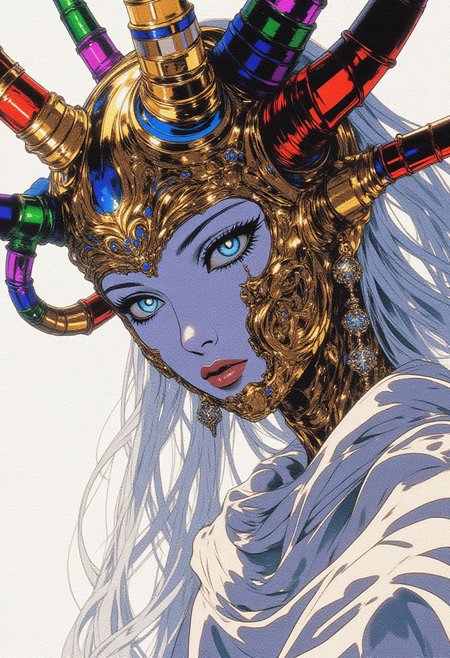 Eye-catching, drab, hyper-realistic, high-quality, detailed image, beautiful woman, jester mask made of vibrant multicolored glowing neon dots (deep red, electric blue, bright yellow, vivid green, rich purple, radiant orange) that shimmer and pulse with light, complete face, flawless porcelain skin with a soft luminescent glow, striking white hair flowing elegantly, mesmerizing light blue eyes with intricate swirling patterns that reflect a kaleidoscope of colors, golden patterned borders framing the mask, meticulously stitched mouth using delicate golden twine that glistens softly, wearing a flowing white robe that cascades around her, Canon EOS R5, close-up shot, surreal style, inspired by Salvador Dali and Annie Leibovitz, soft diffused lighting enhancing her ethereal beauty, bright white theme with high contrast, moderate saturation, cool hue that complements her features, subtle shadows adding depth to her face, defined highlights accentuating the contours of her skin, sparkling golden elements throughout, featuring a locket earring that gleams with a touch of mystery, cyberpunk anime ne0nfant4sy.